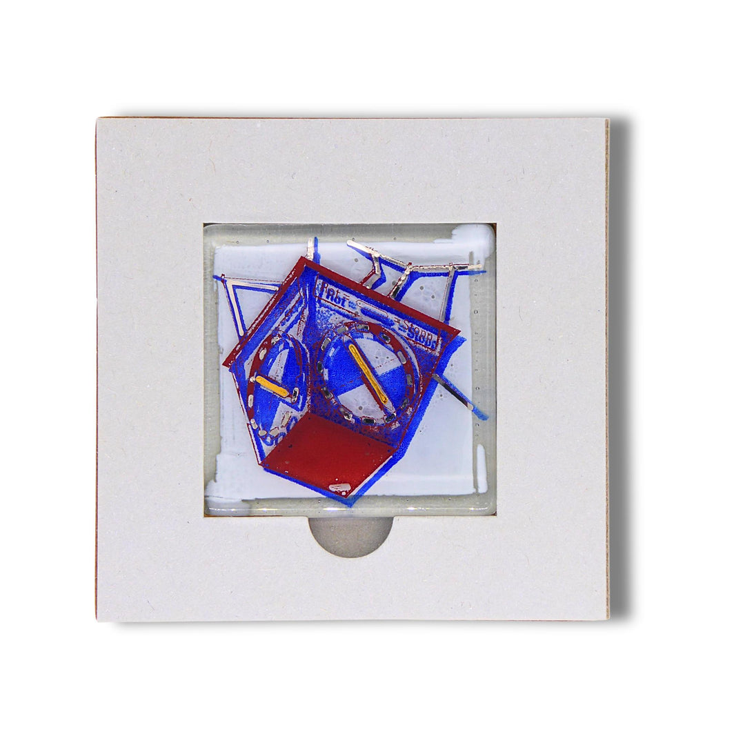 Edition 0/12. Pott Glas Gutschein-Potträt mit blauem Heuer-Ampel-Motiv. Foto in Schmelzglas im Gutschein-Karten-Inlay, quadratisches Format.