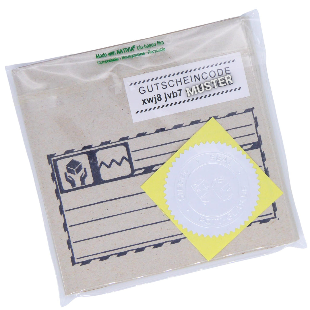 Edition 0/12. Verpackungsansicht. Pott Glas Gutschein-Potträt in kompostierbarer Schutzverpackung mit Gutscheincode und Logo-Siegelplombierung.