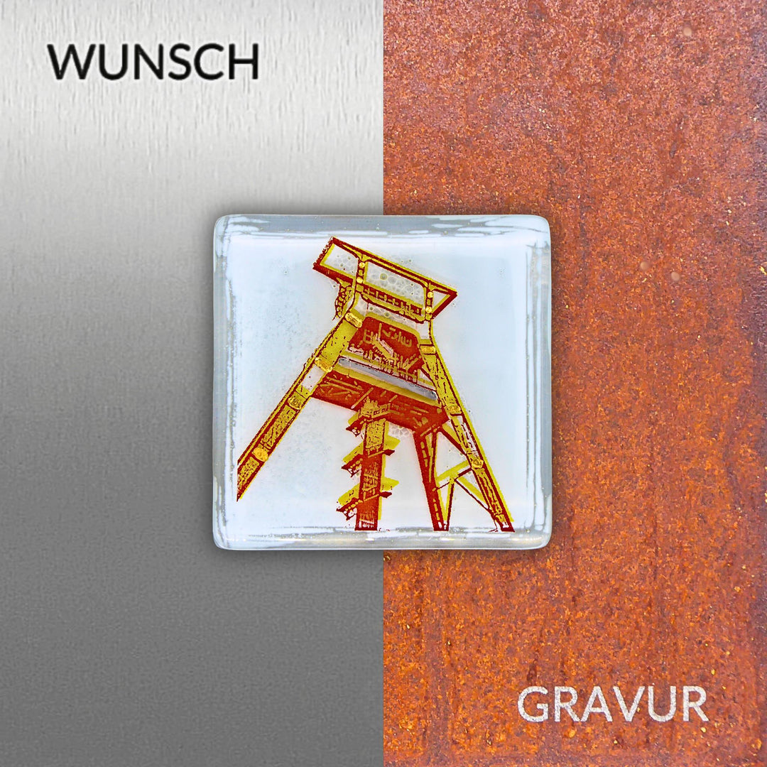 Edition 1/12. Wunschgravur auf Edelstahl oder Roststahl. Pott Glas Wand-Potträt mit Förderturm-Motiv in Gelb.