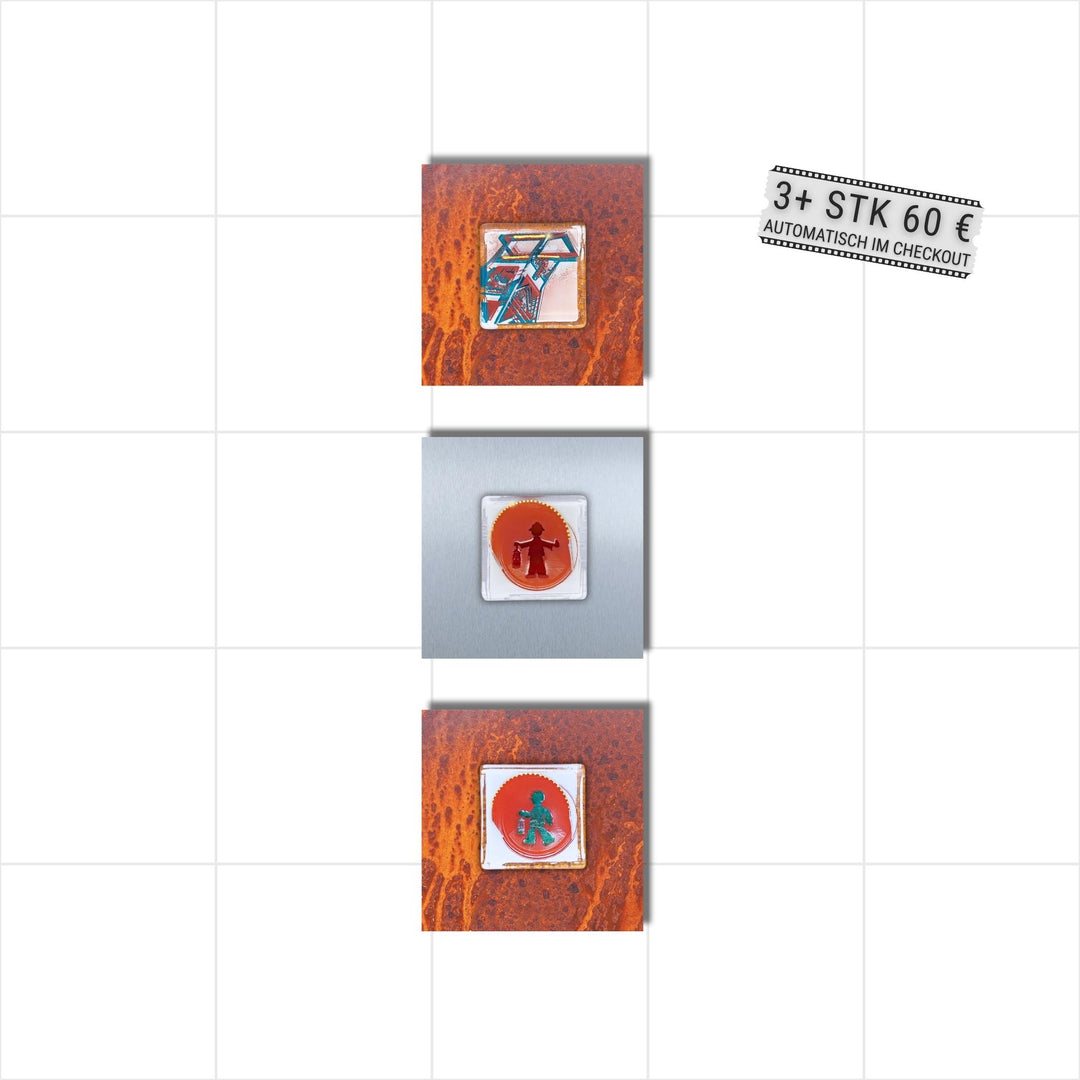Edition 1/12. Vertikales 3er Pott Glas Wand-Potträt mit Förderturm- und Bergmannsampel-Motiven. Abwechselnd auf Roststahl und Edelstahl. Quadratisches Format ohne Gravur. 3+ Set – ab 3 Stück nur 60 € pro Stück.