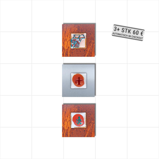 Edition 1/12. Vertikales 3er Pott Glas Wand-Potträt mit Förderturm- und Bergmannsampel-Motiven. Abwechselnd auf Roststahl und Edelstahl. Quadratisches Format ohne Gravur. 3+ Set – ab 3 Stück nur 60 € pro Stück.