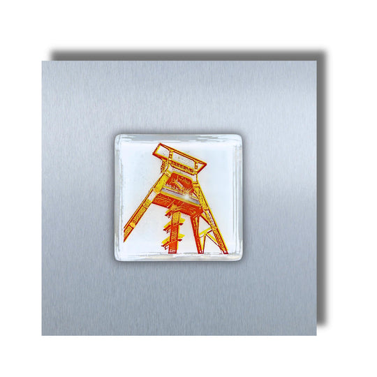 Edition 1/12. Pott Glas Wand-Potträt mit Förderturm-Motiv in Gelb. Foto in Schmelzglas auf Edelstahl. Quadratisches Format ohne Gravur. 