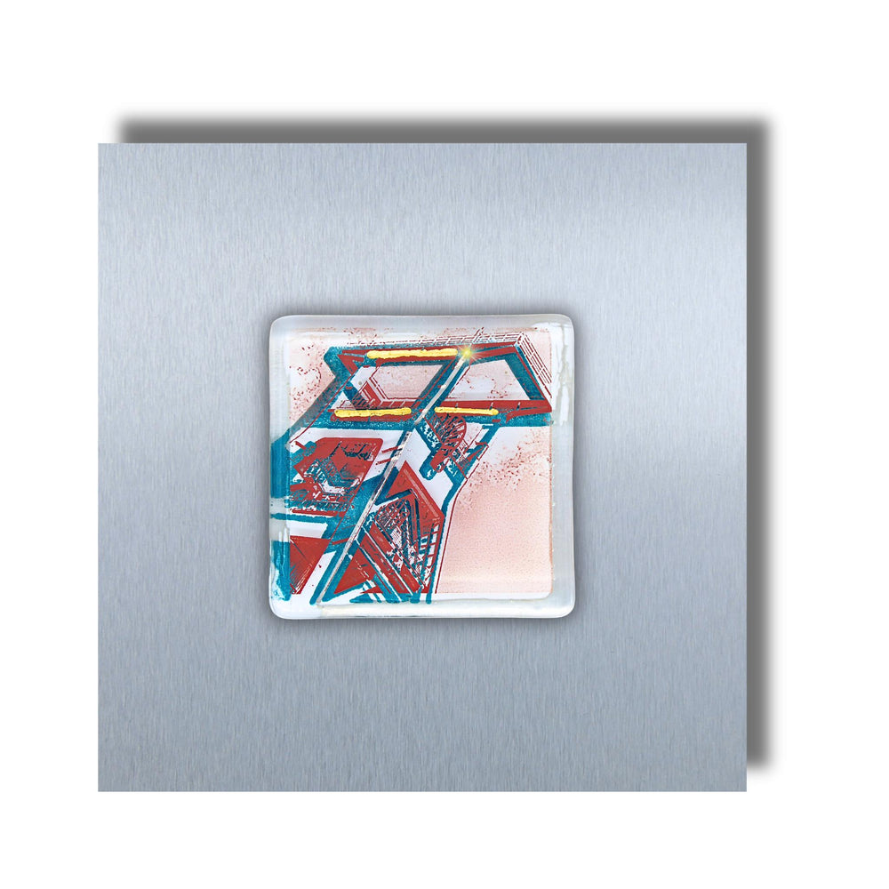 Edition 1/12. Pott Glas Wand-Potträt mit Förderturm-Motiv in Grün. Foto in Schmelzglas auf Edelstahl. Quadratisches Format ohne Gravur. 