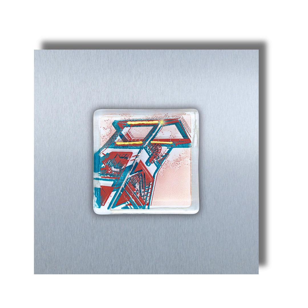 Edition 1/12. Pott Glas Wand-Potträt mit Förderturm-Motiv in Grün. Foto in Schmelzglas auf Edelstahl. Quadratisches Format ohne Gravur. 