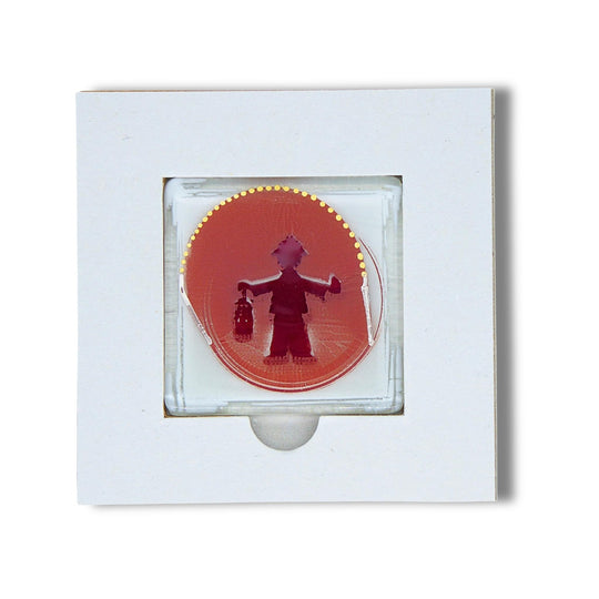 Bochum Edition 01/12. Pott Glas Magnet-Potträt mit rotem Bergmann-Ampel-Motiv und Edelmetall-Akzenten aus 24 K Flüssiggold und Platin. Im Blanko-Karten-Inlay. Quadratisches Format.