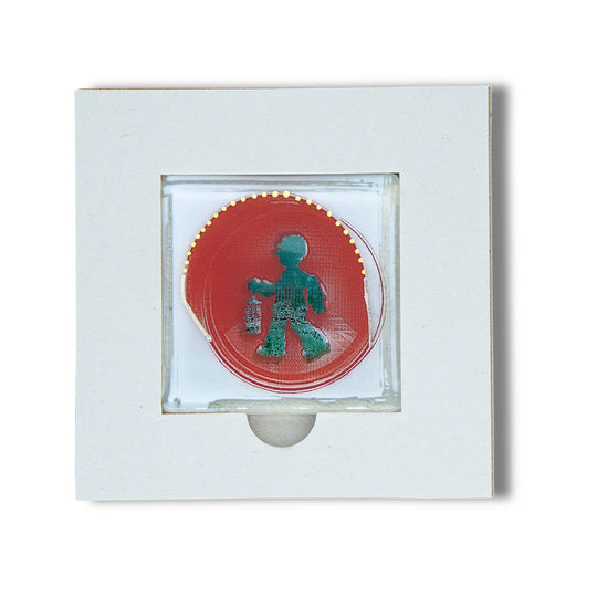 Bochum Edition 01/12. Pott Glas Magnet-Potträt mit grünem Bergmann-Ampel-Motiv und Edelmetall-Akzenten aus 24 K Flüssiggold und Platin. Im Blanko-Karten-Inlay. Quadratisches Format.