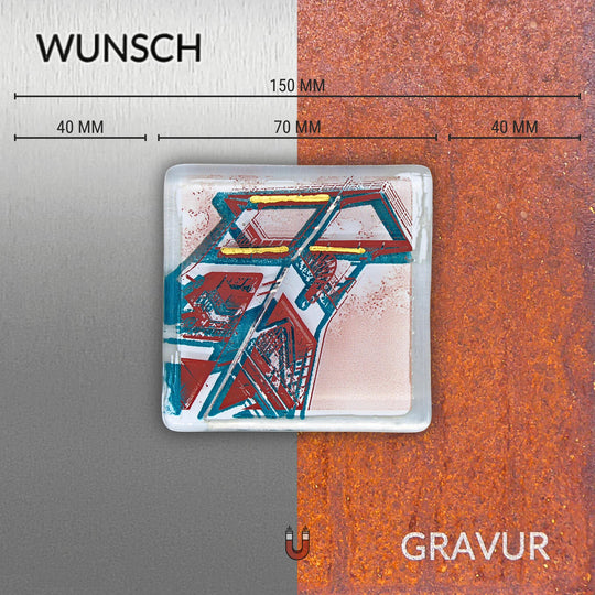 Edition 1/12. Wunschgravur auf Edelstahl oder Roststahl. Pott Glas Wand-Potträt mit Förderturm-Motiv in Germania-Grün. Quadratisches Format inkl. Abmessungen.