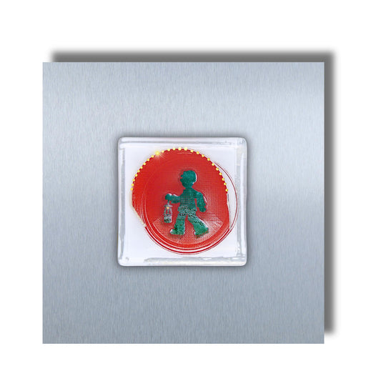 Edition 1/12. Pott Glas Wand-Potträt mit Bergmannsampel-Motiv in Grün. Foto in Schmelzglas auf Edelstahl. Quadratisches Format ohne Gravur.