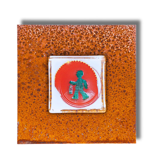 Edition 1/12. Pott Glas Wand-Potträt mit Bergmannsampel-Motiv in Grün. Foto in Schmelzglas auf Roststahl. Quadratisches Format ohne Gravur.
