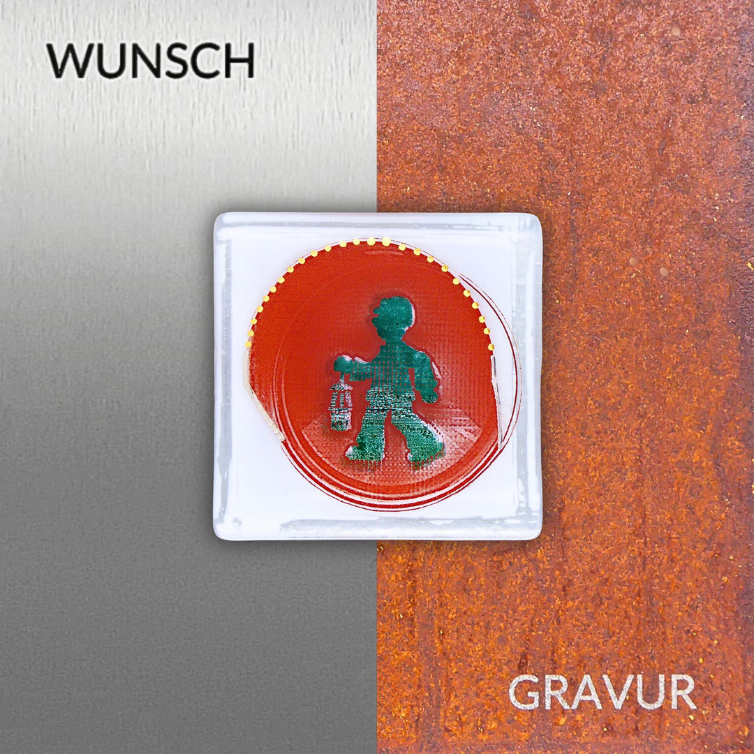 Edition 1/12. Wunschgravur auf Edelstahl oder Roststahl. Pott Glas Wand-Potträt mit Bergmannsampel-Motiv in Grün.