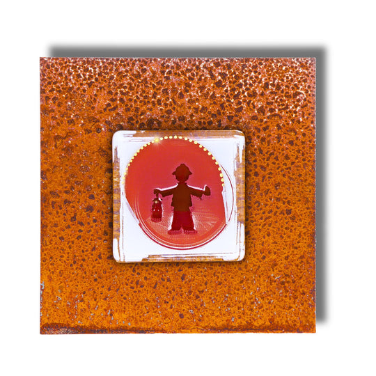 Edition 1/12. Pott Glas Wand-Potträt mit Bergmannsampel-Motiv in Rot. Foto in Schmelzglas auf Roststahl. Quadratisches Format ohne Gravur.