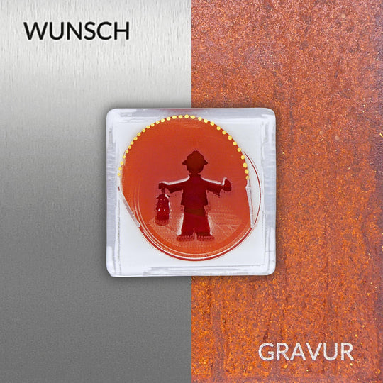 Edition 1/12. Wunschgravur auf Edelstahl oder Roststahl. Pott Glas Wand-Potträt mit Bergmannsampel-Motiv in Rot. 