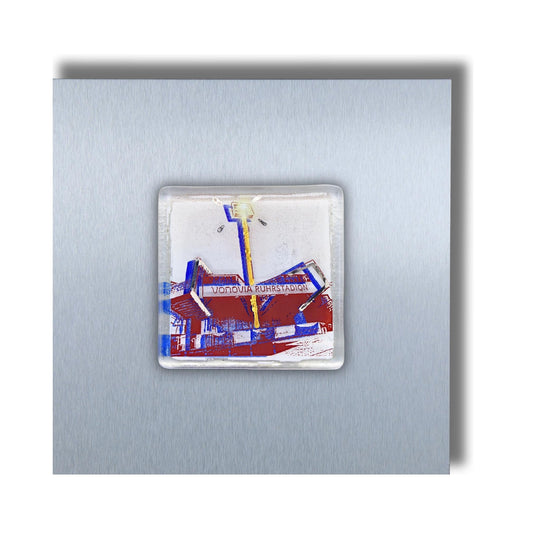 Edition 10/12. Pott Glas Wand-Potträt mit Ruhrstadion in Blau. Foto in Schmelzglas auf Edelstahl. Quadratisches Format ohne Gravur. 