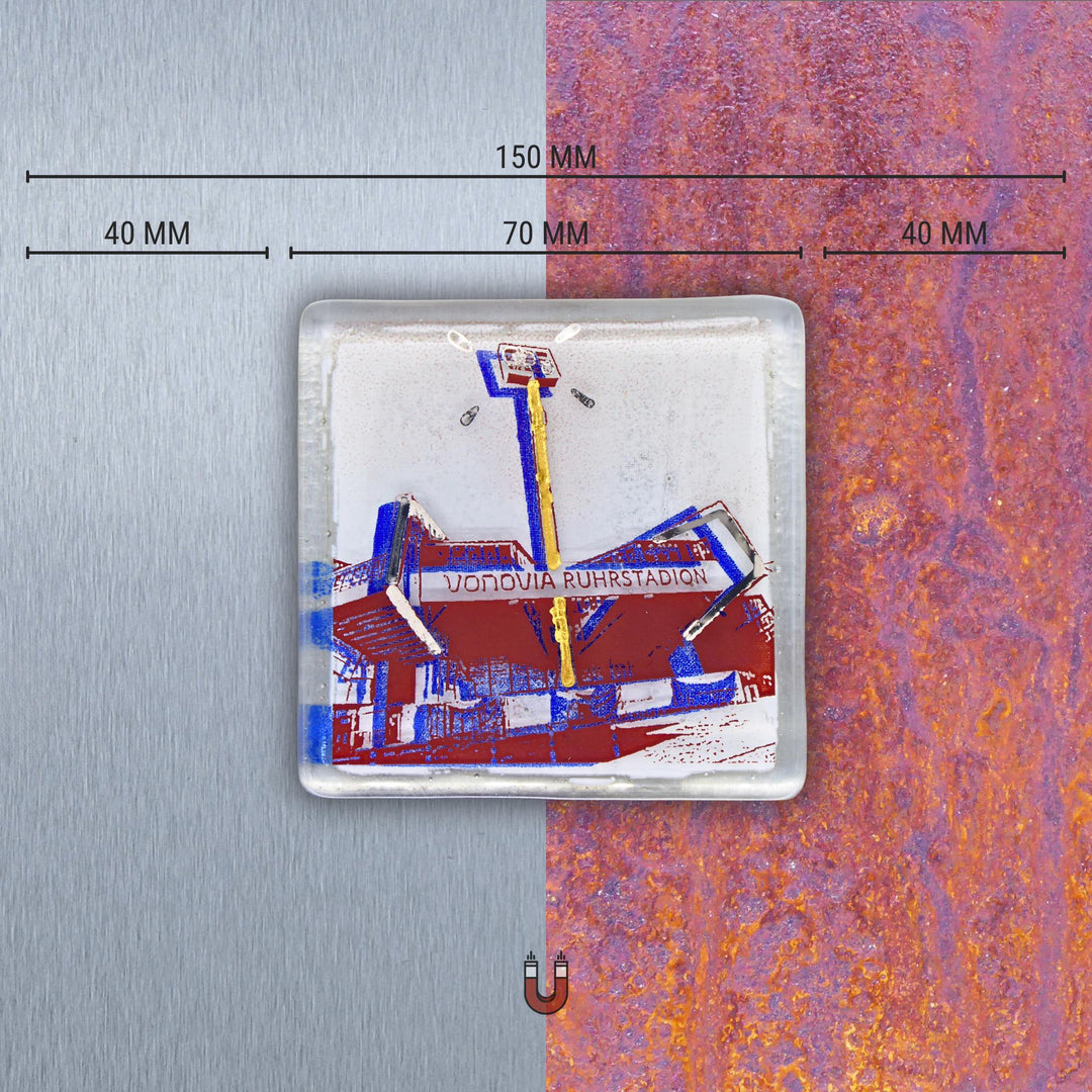Edition 10/12. Edelstahl oder Roststahl nach Wahl. Pott Glas Wand-Potträt mit Ruhrstadion-Motiv in Blau. Quadratisches Format inkl. Abmessungen.