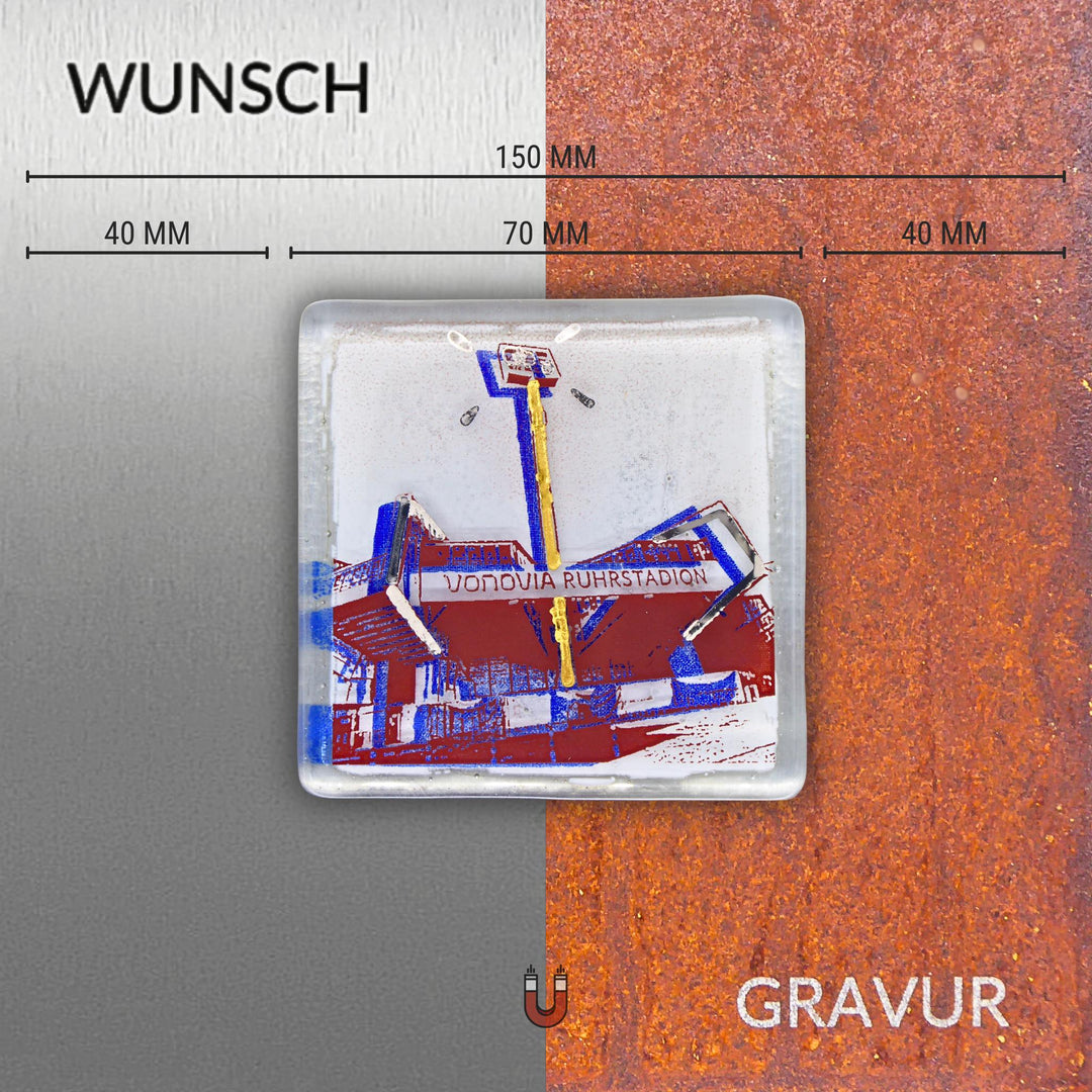 Edition 10/12. Wunschgravur auf Edelstahl oder Roststahl. Pott Glas Wand-Potträt mit Ruhrstadion-Motiv in Blau. Quadratisches Format inkl. Abmessungen.