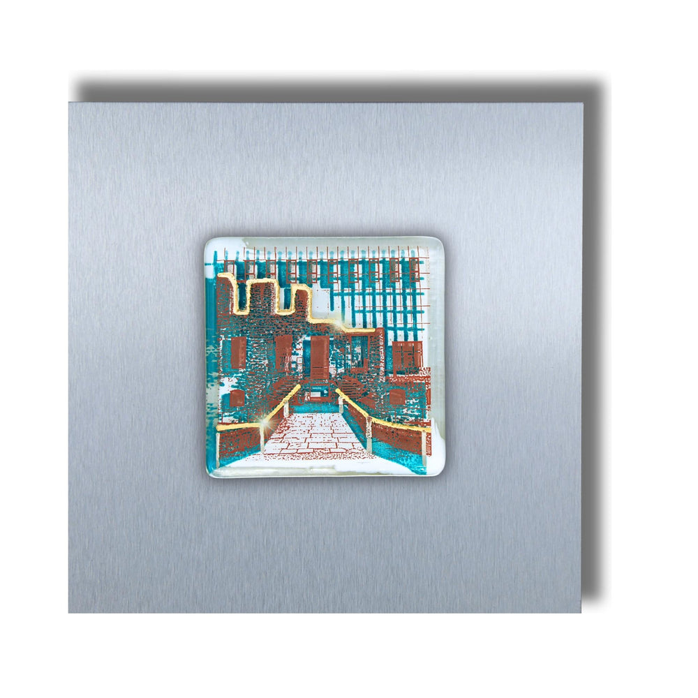 Edition 11/12. Pott Glas Wand-Potträt mit Haus Weitmar-Motiv in Grün. Foto in Schmelzglas auf Edelstahl. Quadratisches Format ohne Gravur. 