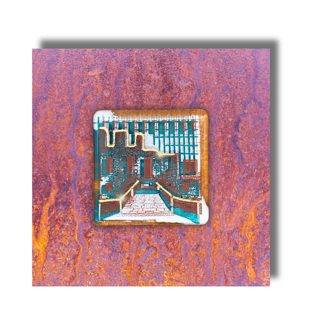 Edition 11/12. Pott Glas Wand-Potträt mit Haus Weitmar-Motiv in Grün. Foto in Schmelzglas auf Roststahl. Quadratisches Format ohne Gravur. 