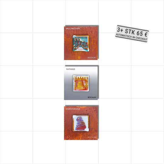Edition 11/12. Vertikales 3er Pott Glas Wand-Potträt mit Haus Weitmar-, Rathausglocke- und Exzenterhaus-Motiv. Abwechselnd auf Roststahl und Edelstahl. Quadratisches Format mit Gravur. 3+ Set – ab 3 Stück nur 65 € pro Stück.