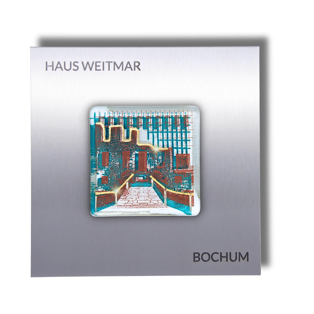Edition 11/12. Pott Glas Wand-Potträt mit Haus Weitmar-Motiv in Grün. Foto in Schmelzglas auf Edelstahl. Quadratisches Format mit Gravur „Haus Weitmar Bochum“.