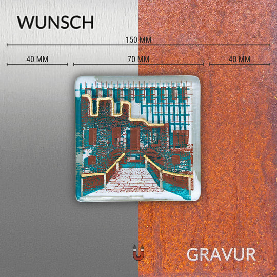 Edition 11/12. Wunschgravur auf Edelstahl oder Roststahl. Pott Glas Wand-Potträt mit Haus Weitmar-Motiv in Grün. Quadratisches Format inkl. Abmessungen.