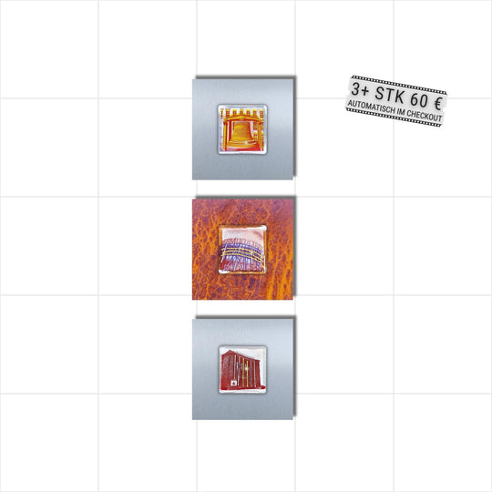 Edition 12/12. Vertikales 3er Pott Glas Wand-Potträt mit Rathausglocke-, Bermuda3eck und Schauspielhaus-Motiv. Abwechselnd auf Edelstahl und Roststahl. Quadratisches Format ohne Gravur. 3+ Set – ab 3 Stück nur 60 € pro Stück.