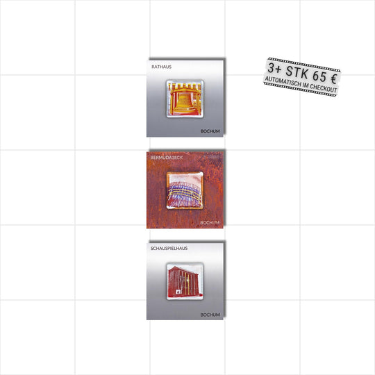 Edition 12/12. Vertikales 3er Pott Glas Wand-Potträt mit Rathausglocke-, Bermuda3eck und Schauspielhaus-Motiv. Abwechselnd auf Edelstahl und Roststahl. Quadratisches Format mit Gravur. 3+ Set – ab 3 Stück nur 65 € pro Stück.