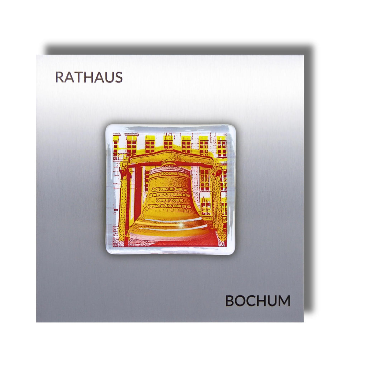 Edition 12/12. Pott Glas Wand-Potträt mit Rathausglocke-Motiv in Gelb. Foto in Schmelzglas auf Edelstahl. Quadratisches Format mit Gravur „Rathaus Bochum“.
