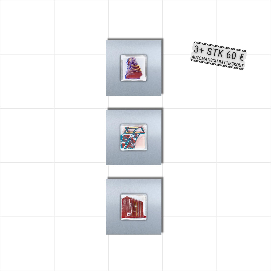 Edition 2/12. Vertikales 3er Pott Glas Wand-Potträt mit Exzenterhaus-, Bergbau-Museum und Schauspielhaus-Motiv. Alle drei auf Edelstahl. Quadratisches Format ohne Gravur. 3+ Set – ab 3 Stück nur 60 € pro Stück.