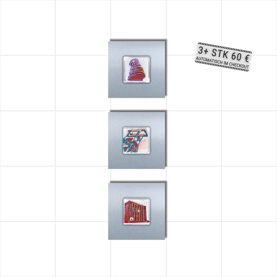 Edition 2/12. Vertikales 3er Pott Glas Wand-Potträt mit Exzenterhaus-, Bergbau-Museum und Schauspielhaus-Motiv. Alle drei auf Edelstahl. Quadratisches Format ohne Gravur. 3+ Set – ab 3 Stück nur 60 € pro Stück.