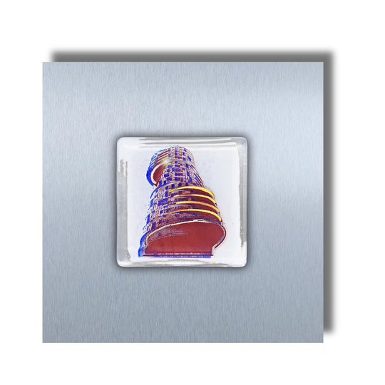 Edition 2/12. Pott Glas Wand-Potträt mit Exzenterhaus-Motiv in Blau, mit Gold und Platin Akzenten. Foto in Schmelzglas auf Edelstahl. Quadratisches Format ohne Gravur.