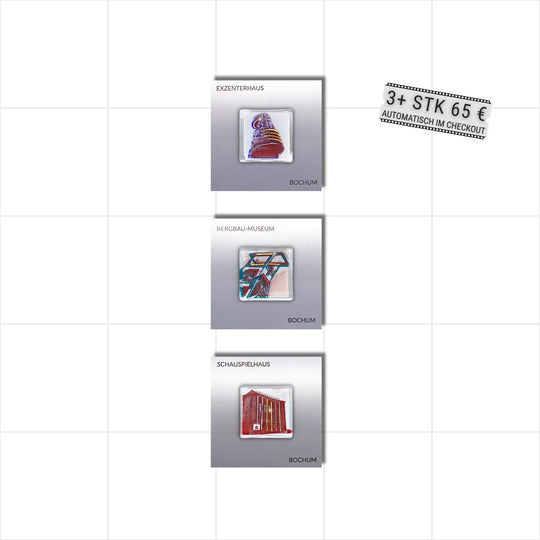 Edition 2/12. Vertikales 3er Pott Glas Wand-Potträt mit Exzenterhaus-, Bergbau-Museum und Schauspielhaus-Motiv. Alle drei auf Edelstahl. Quadratisches Format mit Gravur. 3+ Set – ab 3 Stück nur 65 € pro Stück.
