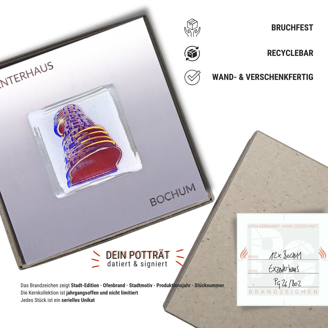 Edition 2/12. Verpackungsinfografik. Pott Glas Wand-Potträt mit Exzenterhaus-Motiv. Foto in Schmelzglas auf Edelstahl. Quadratisches Format mit Gravur, wand- und verschenkfertig verpackt. Beiliegend ein Unikatskärtchen mit handgezeichnetem Brandzeichen.