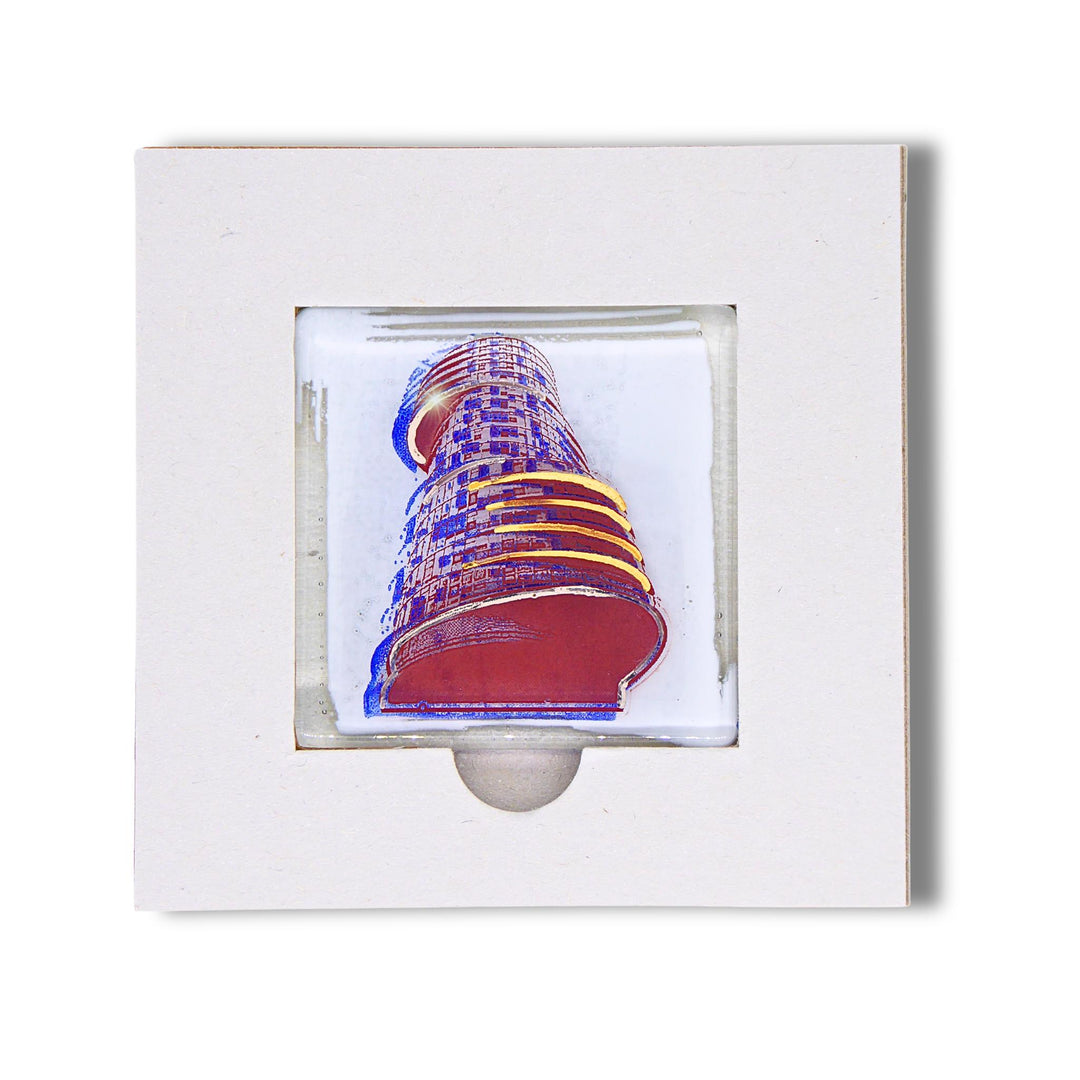Bochum Edition 02/12. POTT GLAS Magnet-Potträt mit blauem Exzenterhaus-Motiv und Edelmetall-Akzenten aus 24 K Flüssiggold und Platin. Im Blanko-Karten-Inlay. Quadratisches Format.