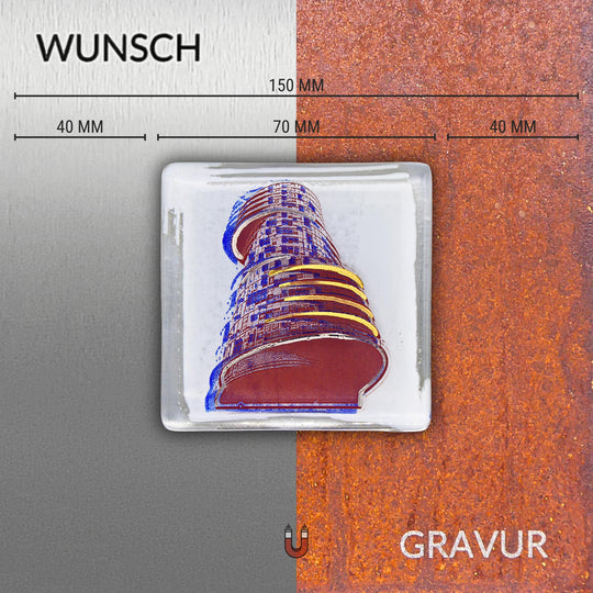 Edition 2/12. Wunschgravur auf Edelstahl oder Roststahl. Pott Glas Wand-Potträt mit Exzenterhaus-Motiv in Blau. Quadratisches Format inkl. Abmessungen.