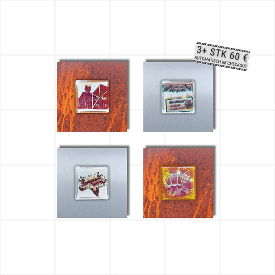 Edition 3/12. 4er Pott Glas Wand-Potträt mit Jahrhunderthalle- und Historischer Jahrmarkt-Motiven. Abwechselnd auf Roststahl und Edelstahl im Quartett. Quadratisches Format ohne Gravur. 3+ Set – ab 3 Stück nur 60 € pro Stück.