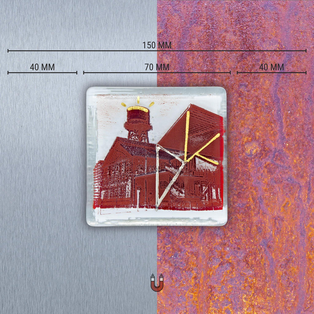 Edition 3/12. Edelstahl oder Roststahl nach Wahl. Pott Glas Wand-Potträt mit Jahrhunderthalle-Motiv in Rot. Quadratisches Format inkl. Abmessungen.