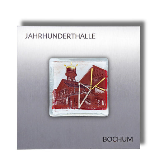 Edition 3/12. Pott Glas Wand-Potträt mit Jahrhunderthalle-Motiv in Rot, mit Gold und Platin Akzenten. Foto in Schmelzglas auf Edelstahl. Quadratisches Format mit Gravur „Jahrhunderthalle Bochum“.