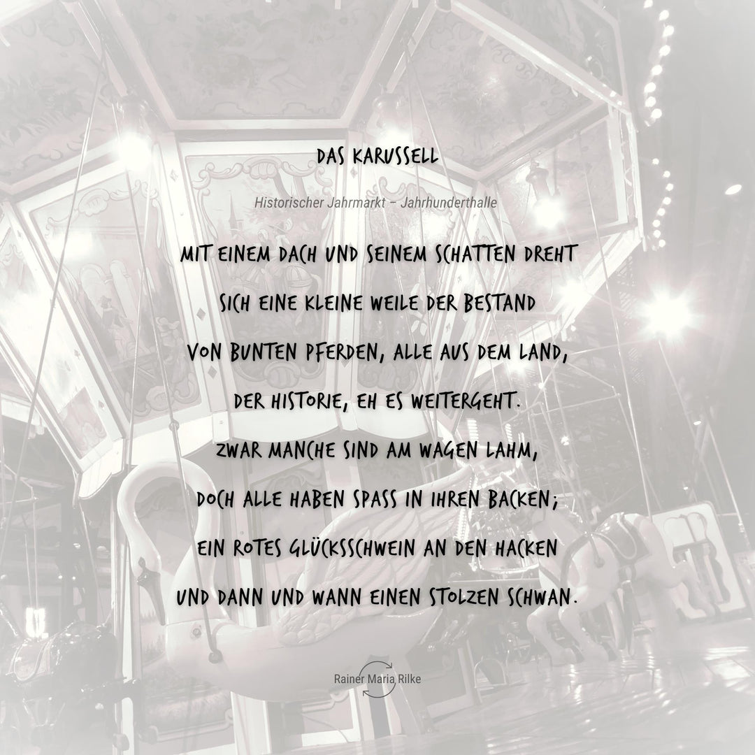 Edition 3/12. Pott Glas Handschrift-Text „Das Karussel" mit transparentem, historischem Karussell-Motiv. Nach dem Gedicht von Rainer Maria Rilke.