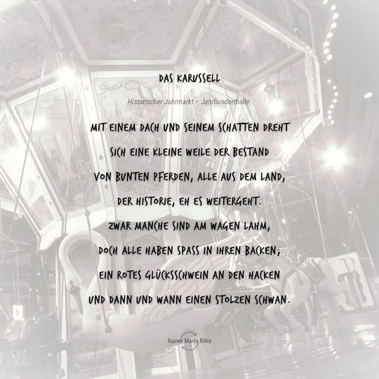 Edition 3/12. Pott Glas Handschrift-Text „Das Karussel" mit transparentem, historischem Karussell-Motiv. Nach dem Gedicht von Rainer Maria Rilke.