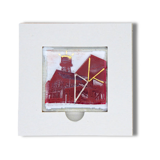 Bochum Edition 03/12. POTT GLAS Magnet-Potträt mit rotem Jahrhunderthalle-Motiv und Edelmetall-Akzenten aus 24 K Flüssiggold und Platin. Im Blanko-Karten-Inlay. Quadratisches Format.