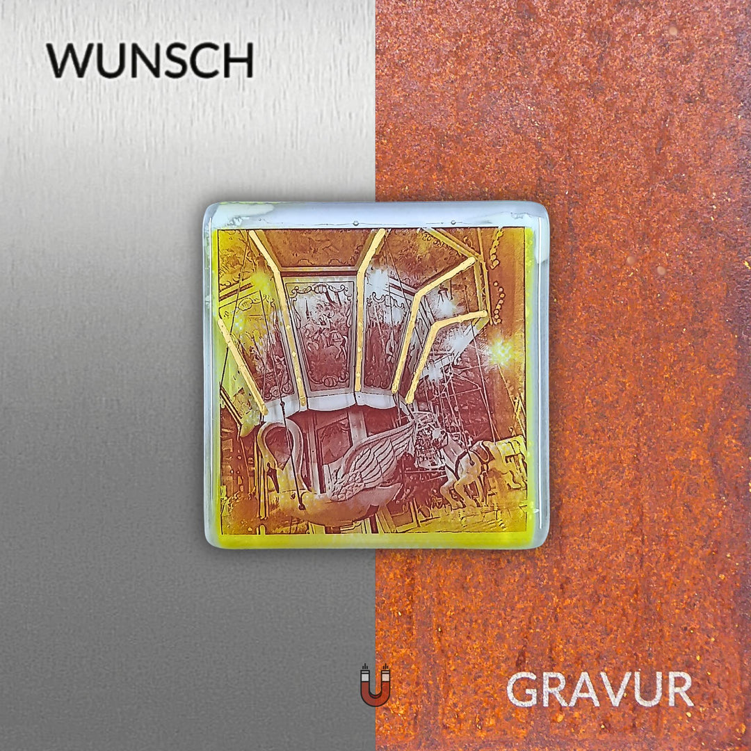 Edition 3/12. Wunschgravur auf Edelstahl oder Roststahl. Pott Glas Wand-Potträt mit Karussellschwan-Motiv.