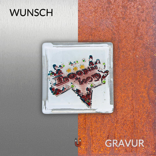 Edition 3/12. Wunschgravur auf Edelstahl oder Roststahl. Pott Glas Wand-Potträt mit Looping-the-Loop-Motiv.