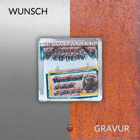 Edition 3/12. Wunschgravur auf Edelstahl oder Roststahl. Pott Glas Wand-Potträt mit Raupenbahn-Motiv.