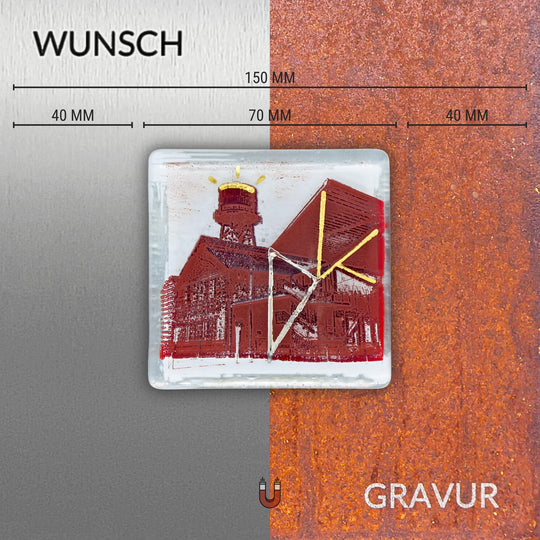 Edition 3/12. Wunschgravur auf Edelstahl oder Roststahl. Pott Glas Wand-Potträt mit Jahrhunderthalle-Motiv in Rot. Quadratisches Format inkl. Abmessungen.