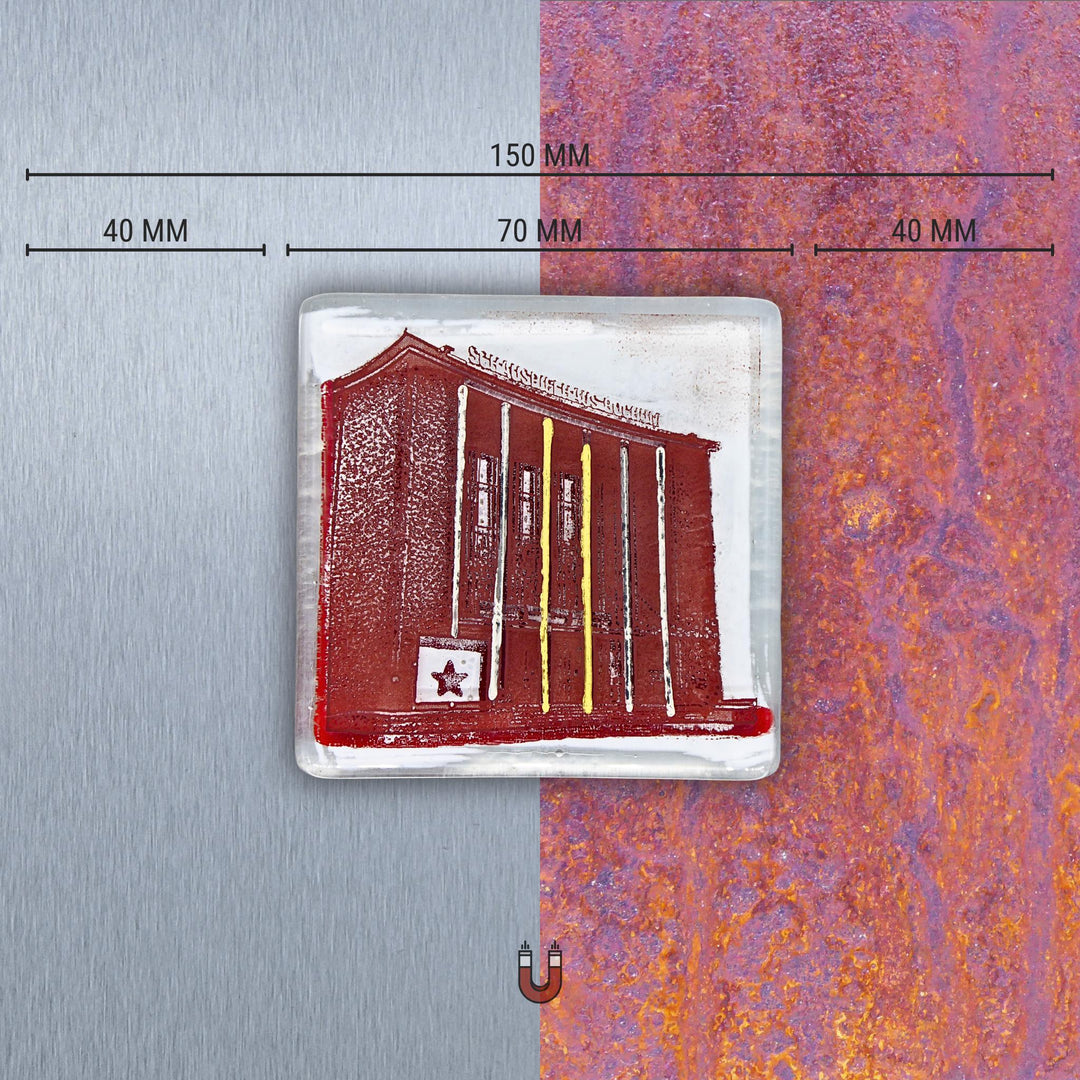 Edition 4/12. Edelstahl oder Roststahl nach Wahl. Pott Glas Wand-Potträt mit Schauspielhaus-Motiv in Rot. Quadratisches Format inkl. Abmessungen.