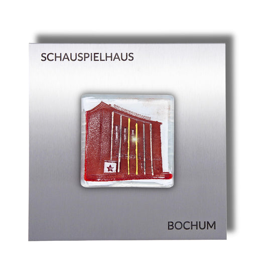 Edition 4/12. Pott Glas Wand-Potträt mit Schauspielhaus-Motiv in Rot. Foto in Schmelzglas auf Edelstahl. Quadratisches Format mit Gravur „Schauspielhaus Bochum".