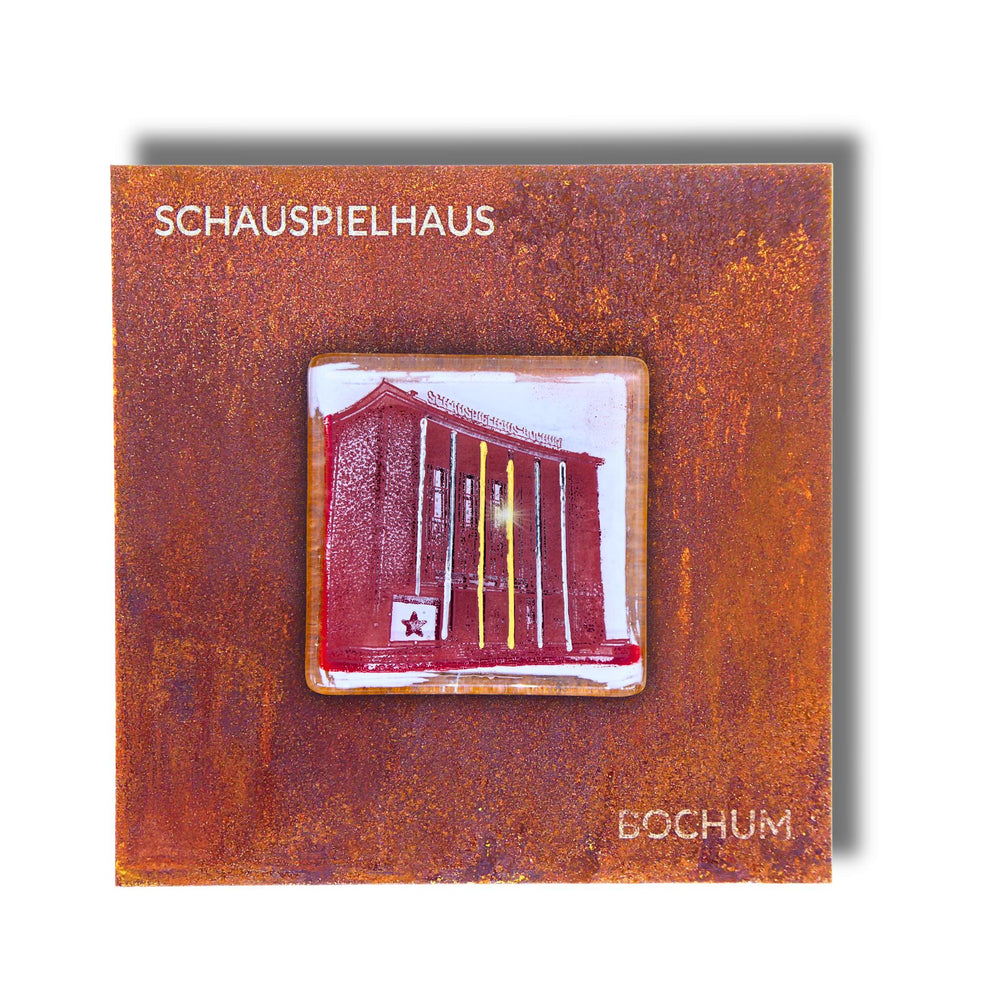 Edition 4/12. Pott Glas Wand-Potträt mit Schauspielhaus-Motiv in Rot. Foto in Schmelzglas auf Roststahl. Quadratisches Format mit Gravur „Schauspielhaus Bochum".