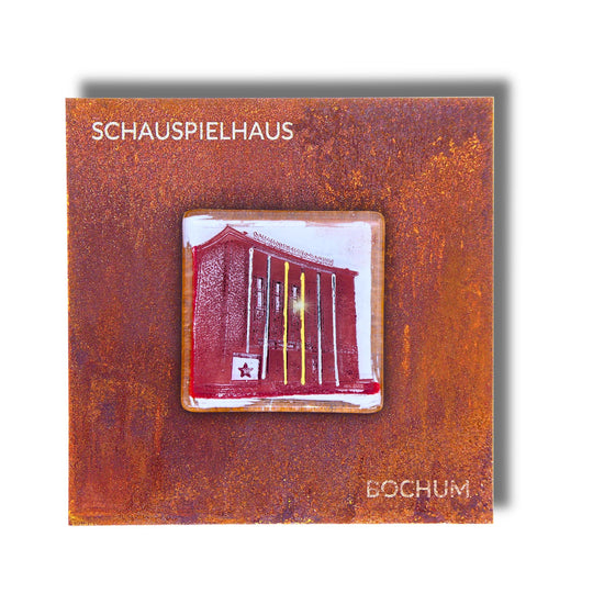 Edition 4/12. Pott Glas Wand-Potträt mit Schauspielhaus-Motiv in Rot. Foto in Schmelzglas auf Roststahl. Quadratisches Format mit Gravur „Schauspielhaus Bochum".