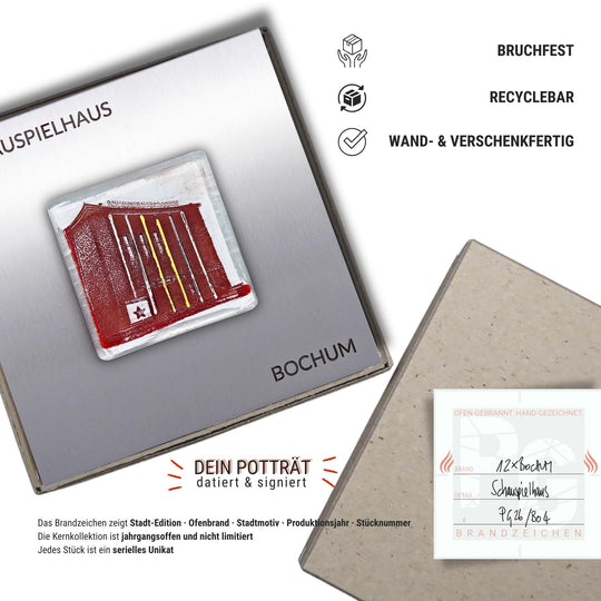 Edition 4/12. Verpackungsinfografik. Pott Glas Wand-Potträt mit Schauspielhaus-Motiv. Foto in Schmelzglas auf Edelstahl. Quadratisches Format mit Gravur, wand- und verschenkfertig verpackt. Beiliegend ein Unikatskärtchen mit handgezeichnetem Brandzeichen.