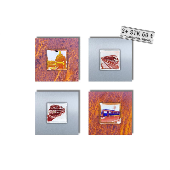 Edition 5/12. 4er Pott Glas Wand-Potträt mit Eisenbahnmuseum-Motiven. Abwechselnd auf Roststahl und Edelstahl im Quartett. Quadratisches Format ohne Gravur. 3+ Set – ab 3 Stück nur 60 € pro Stück.
